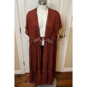 Torrid Burgundy Crochet Challis Floral Embroidered Kimono, Size 1X | 14-16, NWT!